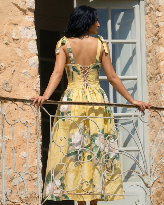 Floral Print Linen-Blend Bustier Midi Dress