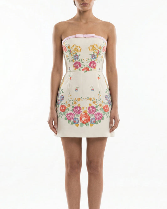 Strapless Floral Jacquard Mini Dress with Bow Detail