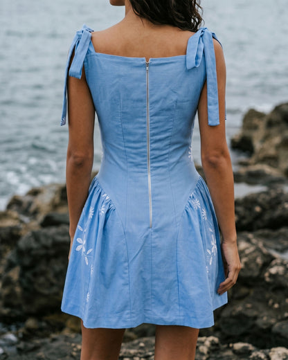 Aria Embroidered Cotton Mini Dress with Shoulder Ties