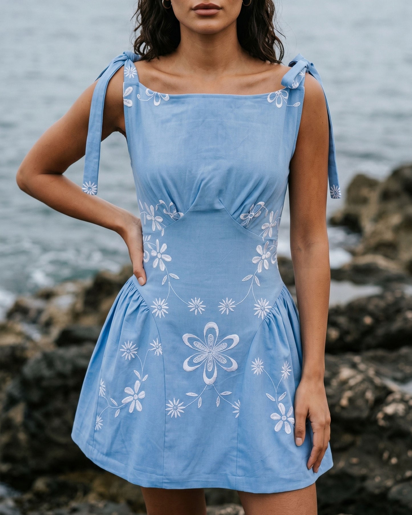 Aria Embroidered Cotton Mini Dress with Shoulder Ties