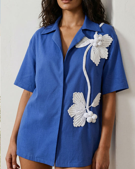 Cornflower Blue Linen Short-Sleeve Shirt with Handmade Crochet Grape Appliqué