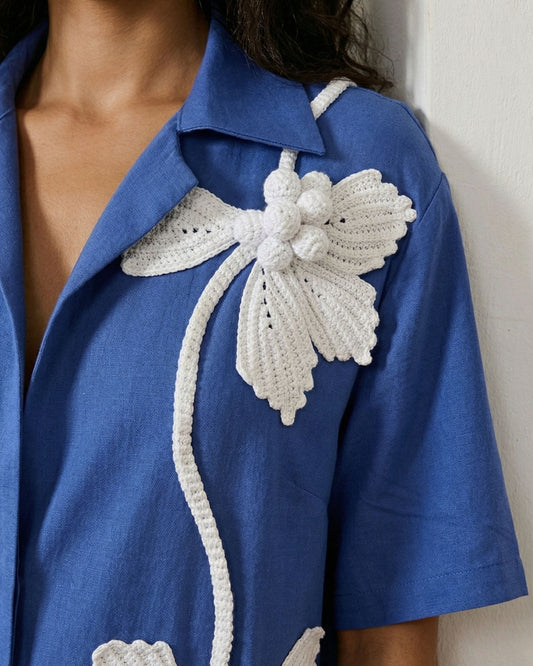 Cornflower Blue Linen Short-Sleeve Shirt with Handmade Crochet Grape Appliqué