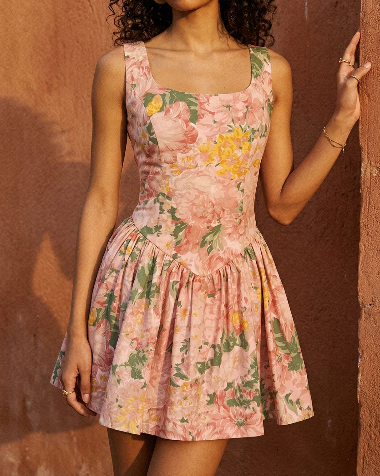Botanical Print Basque Waist Mini Dress