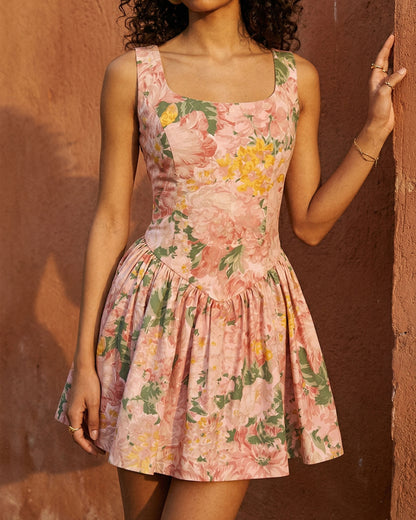 Botanical Print Basque Waist Mini Dress