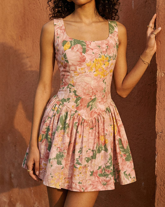 Botanical Print Basque Waist Mini Dress