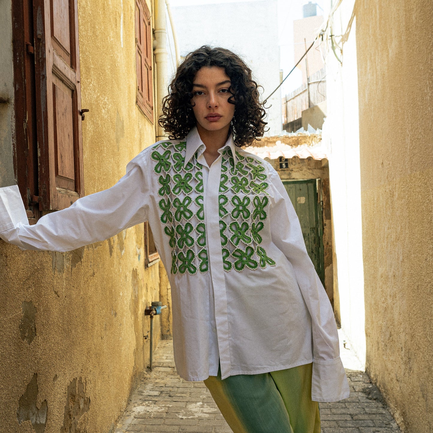 Lime crochet white shirt