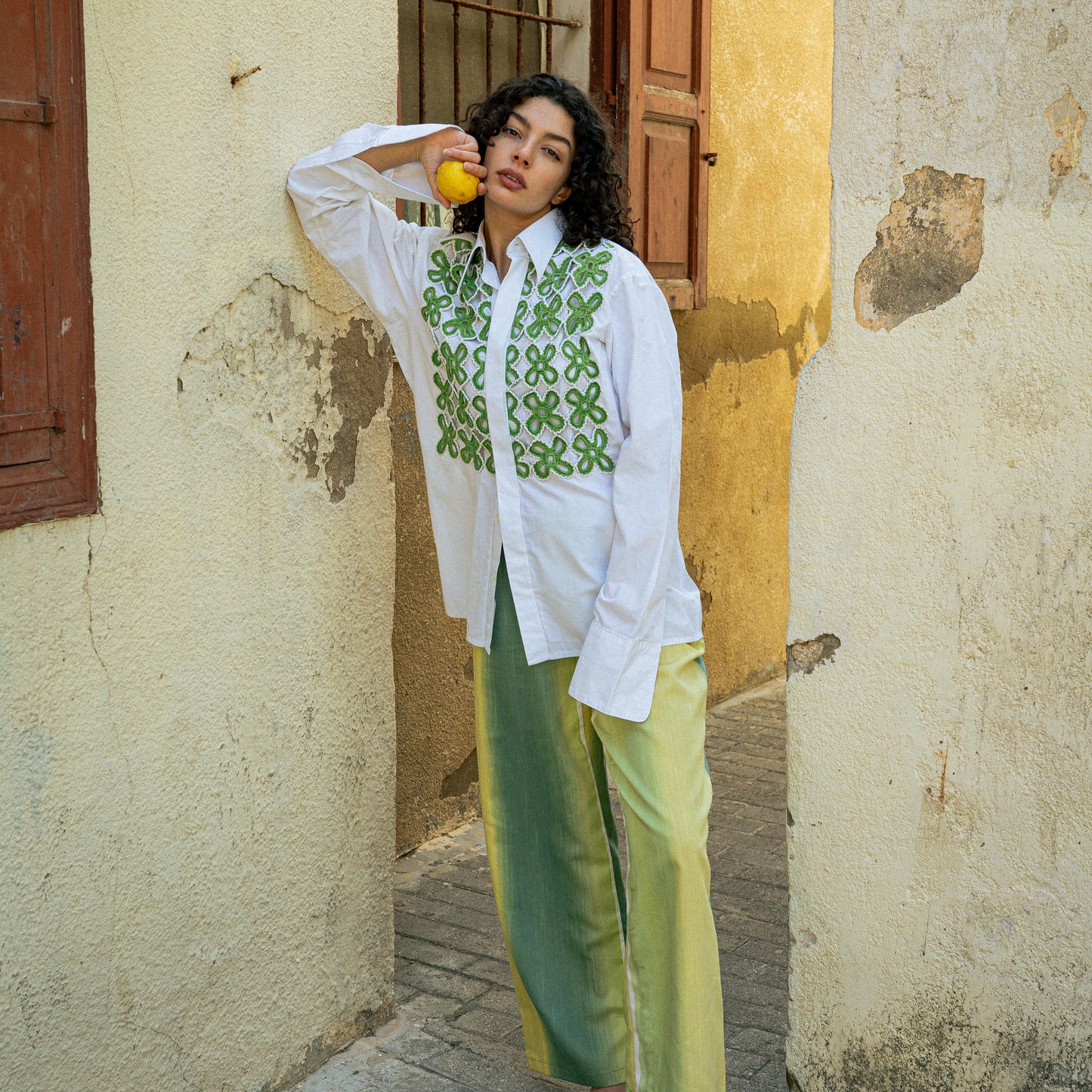 Lime crochet white shirt