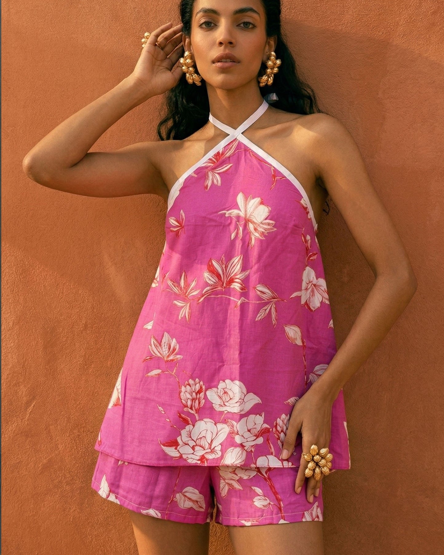 Floral Print Halter Top and Shorts Set in Fuchsia Pink
