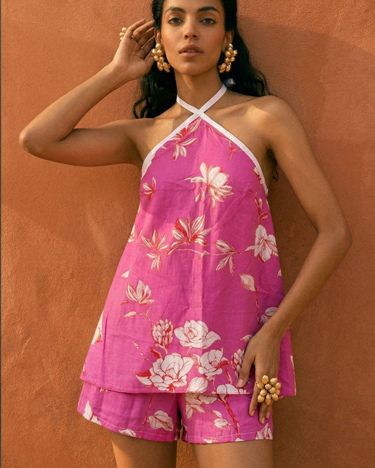 Floral Print Halter Top and Shorts Set in Fuchsia Pink
