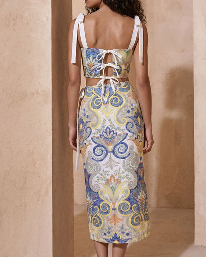 Maiolica Print Cotton Satin Two-Piece Midi Set
