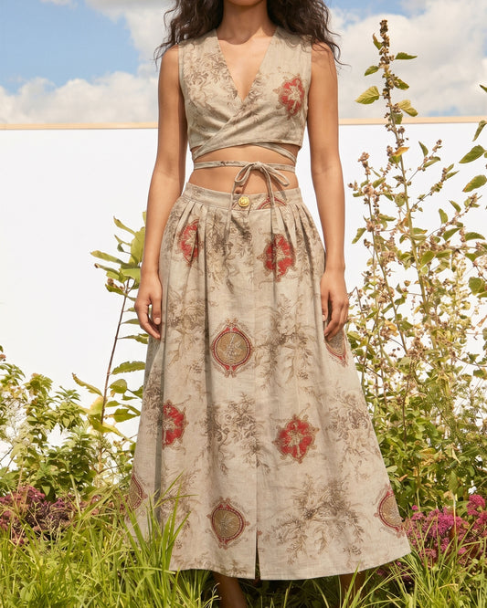 Printed Linen Wrap Top and Midi Skirt Co-ord Set