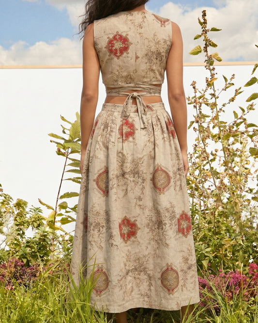 Printed Linen Wrap Top and Midi Skirt Co-ord Set