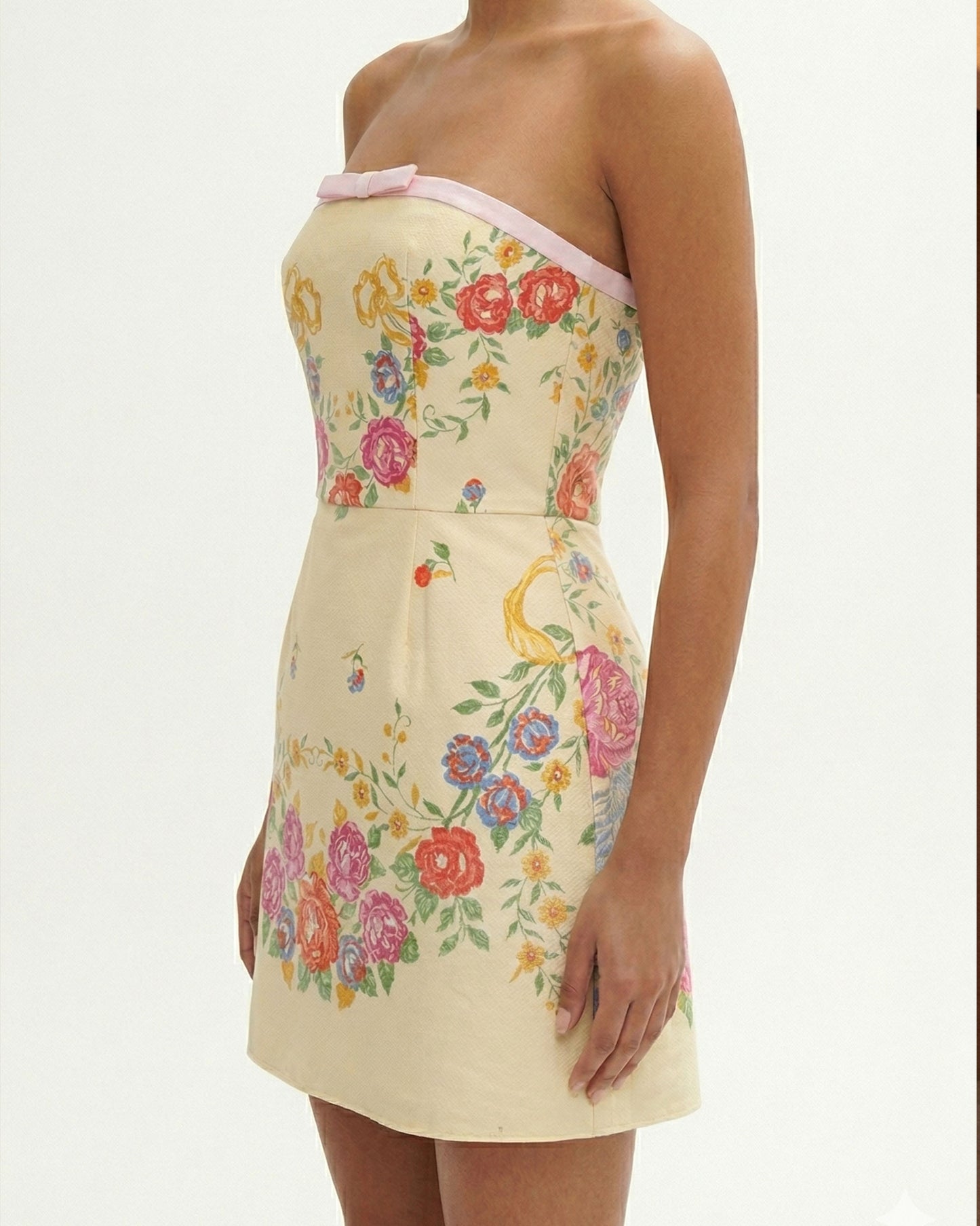 Strapless Floral Jacquard Mini Dress with Bow Detail