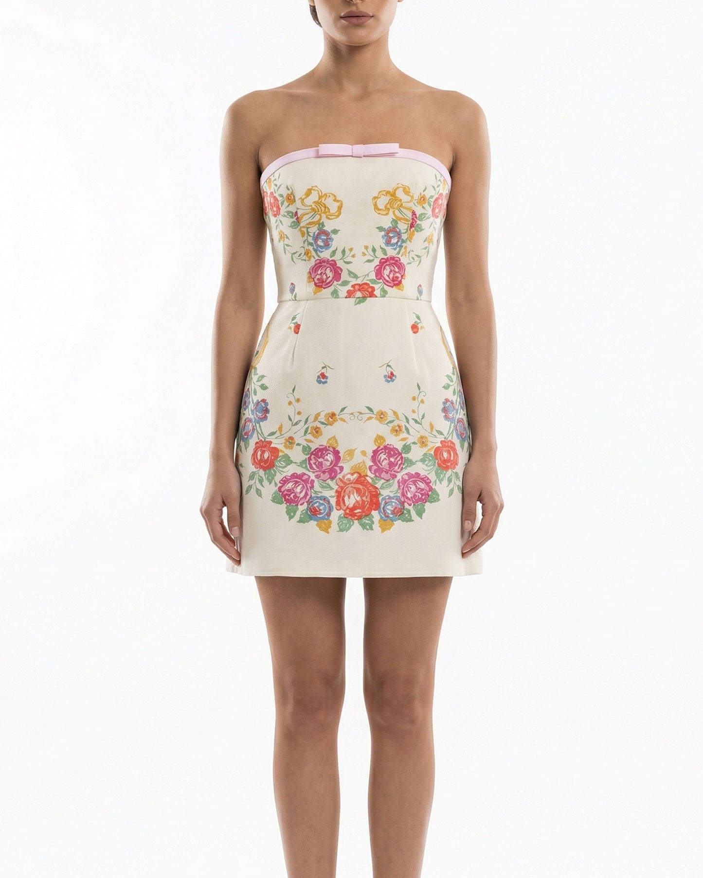 Strapless Floral Jacquard Mini Dress with Bow Detail