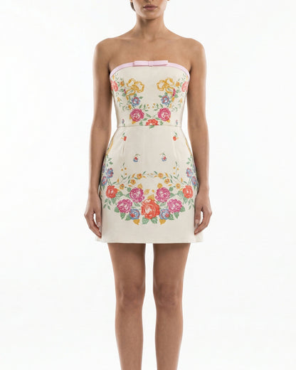 Strapless Floral Jacquard Mini Dress with Bow Detail