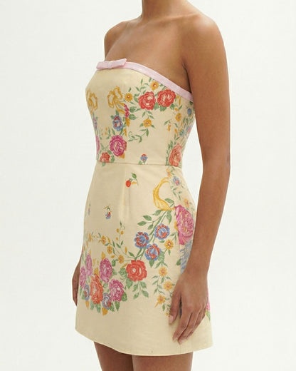 Strapless Floral Jacquard Mini Dress with Bow Detail
