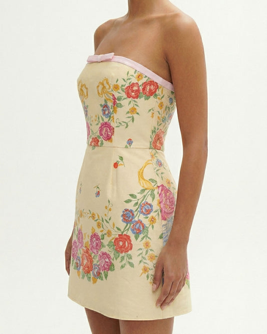 Strapless Floral Jacquard Mini Dress with Bow Detail