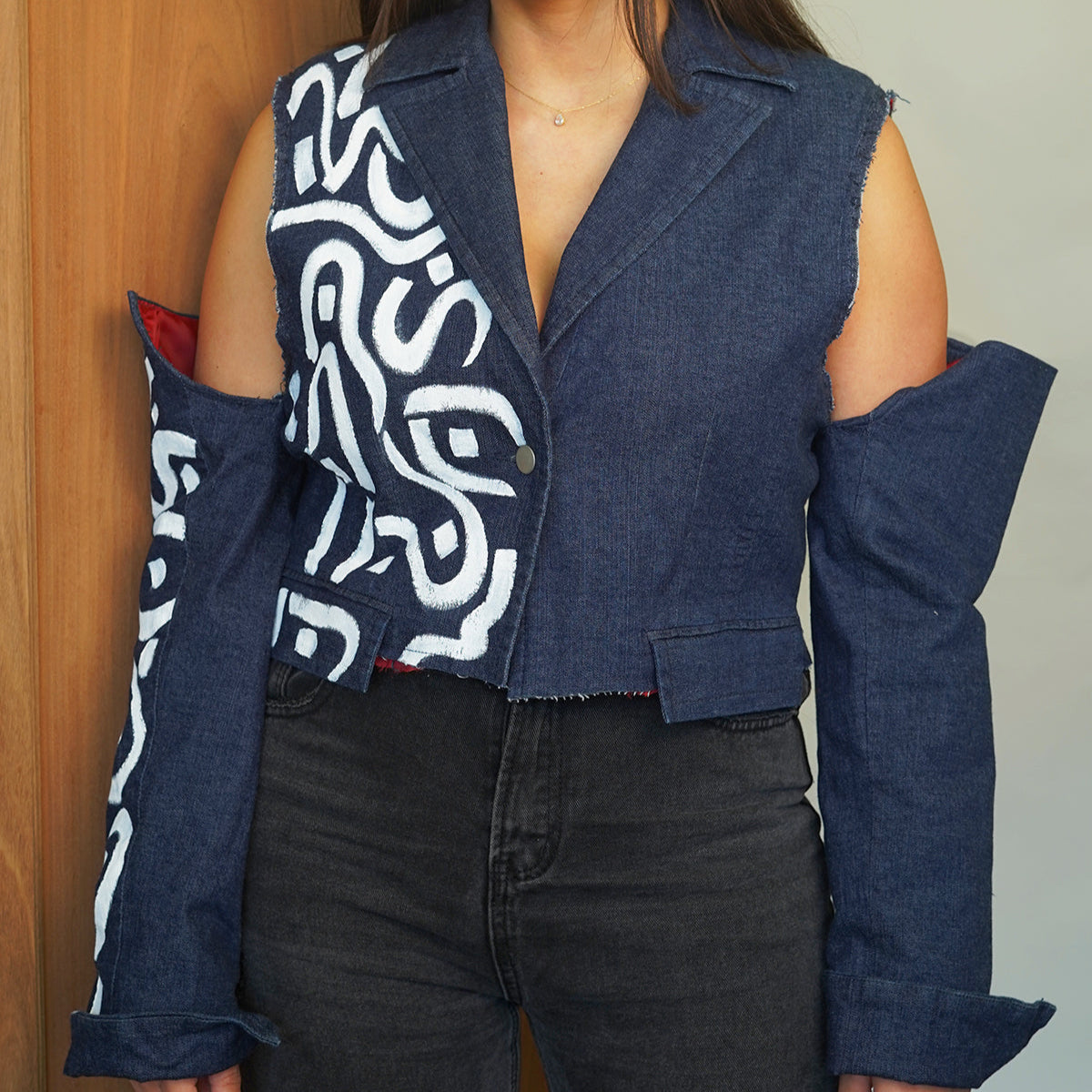 Denim calligraphy blazer